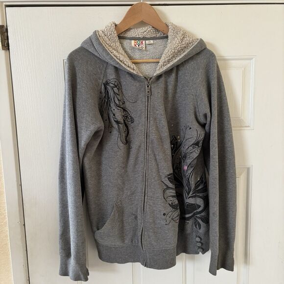Y2K Roxy Womens Full Zip Hooded Sweatshirt Y2K Grey XL Embroidered Surf Skate - Picture 2 of 14